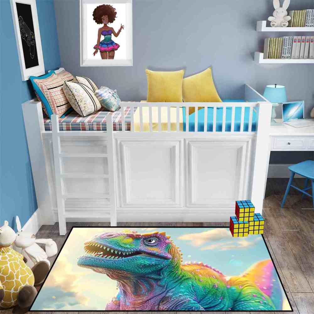 Vibrant Rainbow T-Rex Sky Boys Bedroom Area Rug | CozyLil