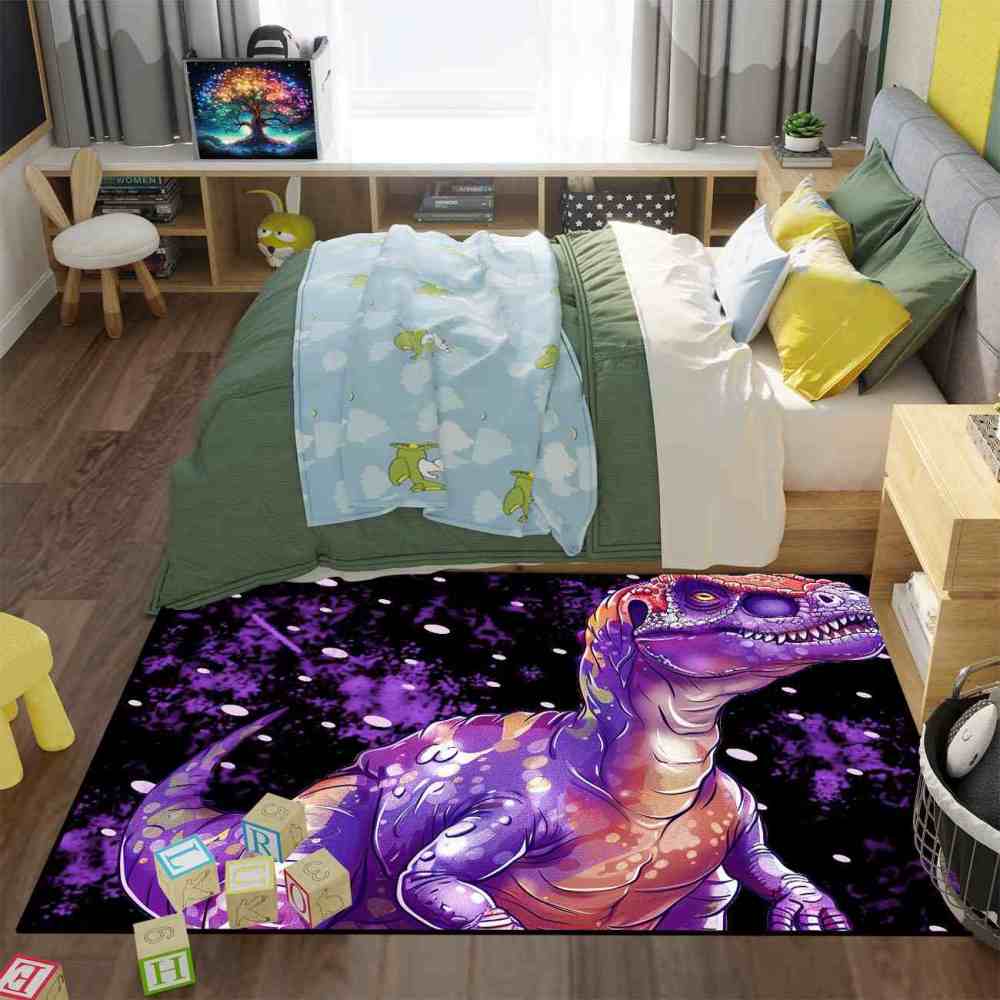Purple Galaxy T-Rex Kids Playroom Area Rug | CozyLil