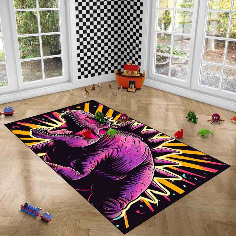 Retro Synthwave Dinosaur Boys Bedroom Floor Mat | CozyLil