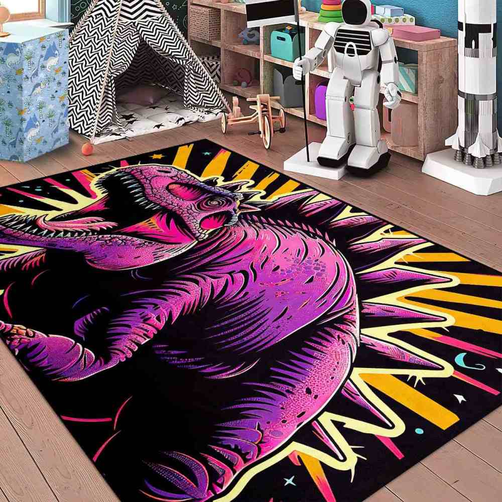Retro Synthwave Dinosaur Boys Bedroom Floor Mat | CozyLil