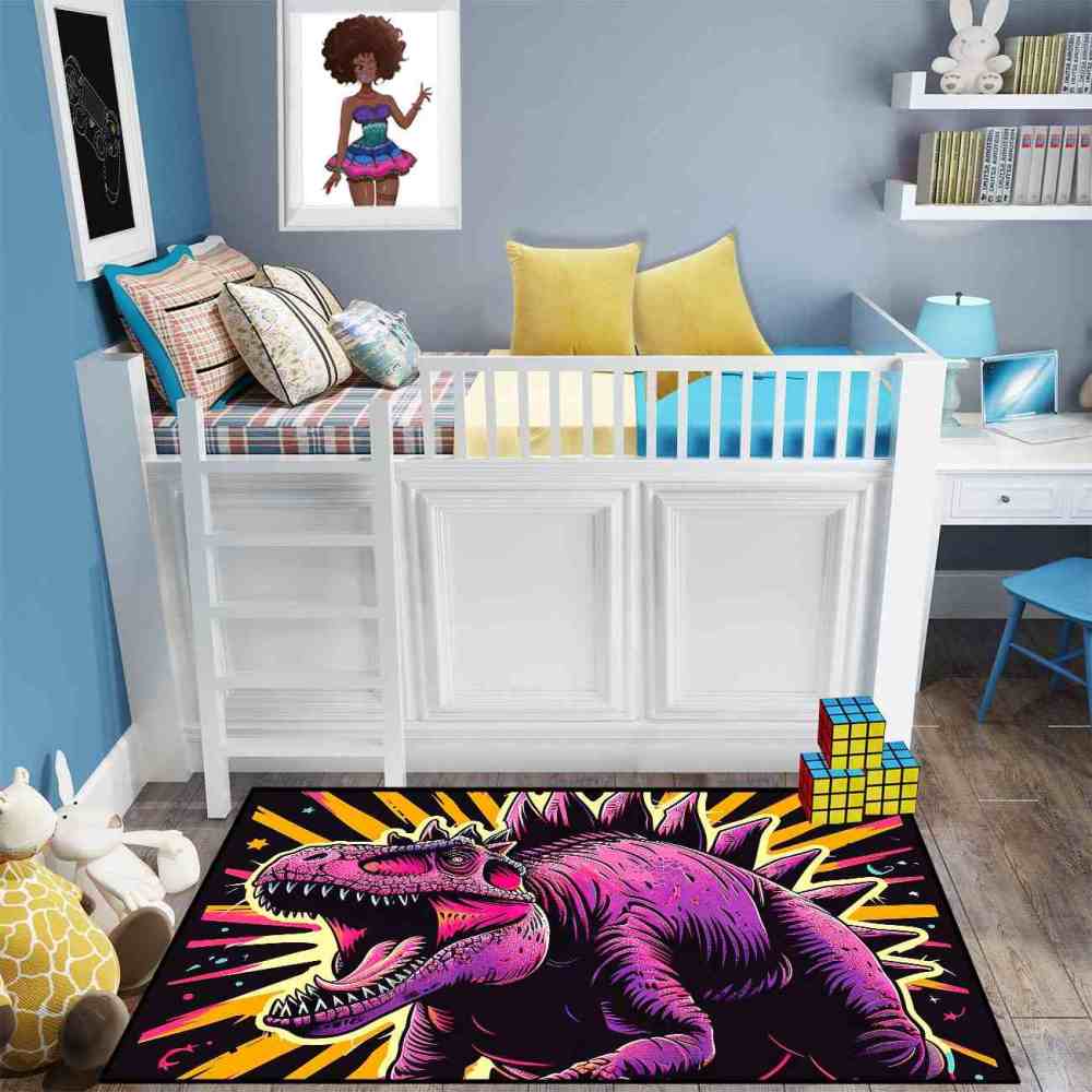 Retro Synthwave Dinosaur Boys Bedroom Floor Mat | CozyLil