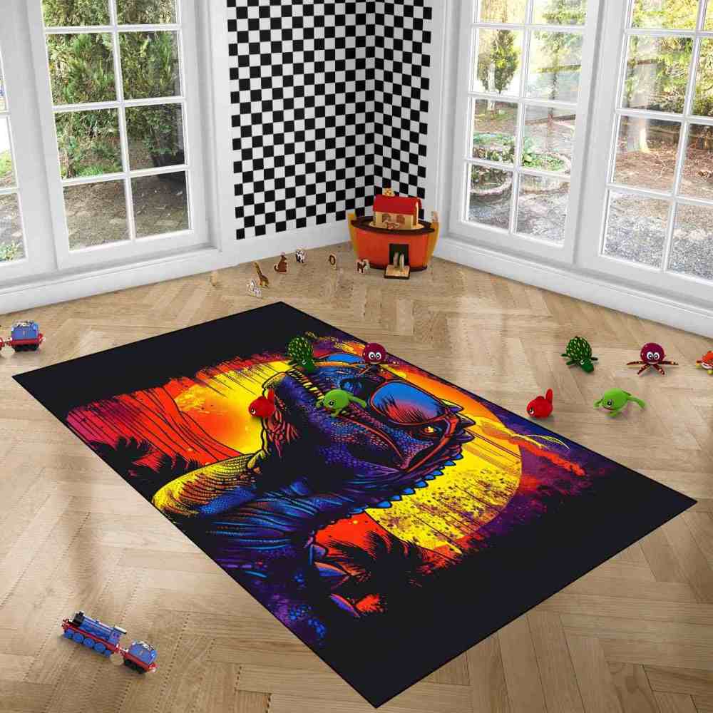 Cool T-Rex Sunglasses Retro Sunset Playroom Rug | CozyLil