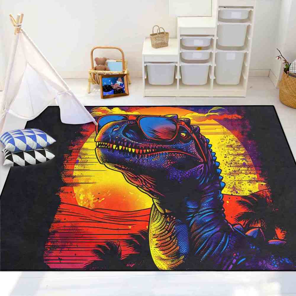 Cool T-Rex Sunglasses Retro Sunset Playroom Rug | CozyLil
