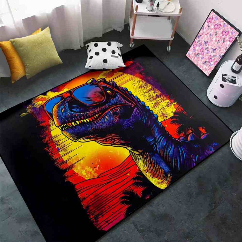 Cool T-Rex Sunglasses Retro Sunset Playroom Rug | CozyLil