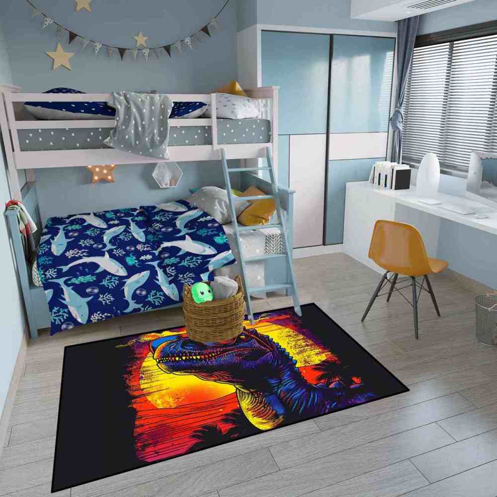 Cool T-Rex Sunglasses Retro Sunset Playroom Rug | CozyLil