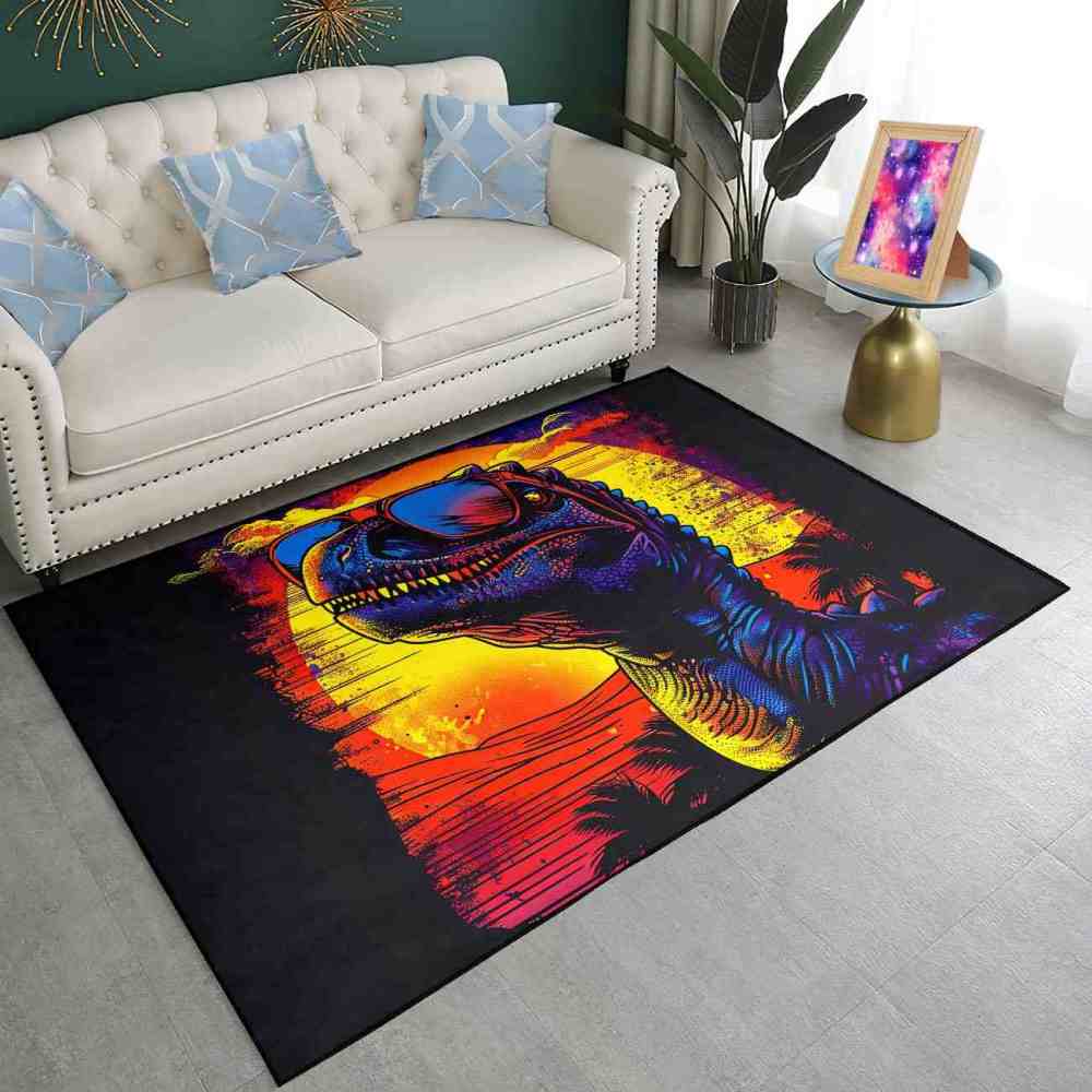 Cool T-Rex Sunglasses Retro Sunset Playroom Rug | CozyLil