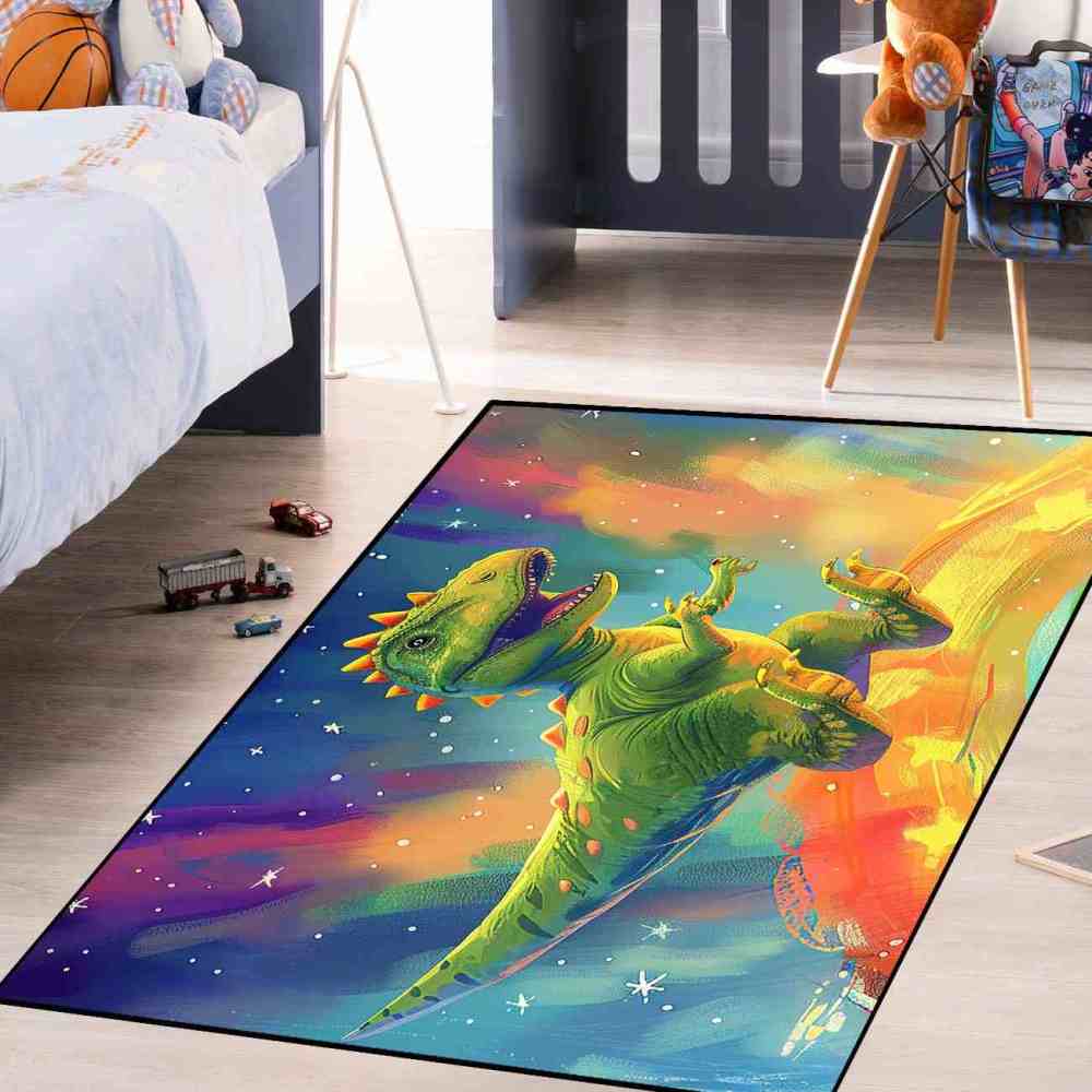 Space Galaxy Green Dinosaur Kids Bedroom Rug | CozyLil