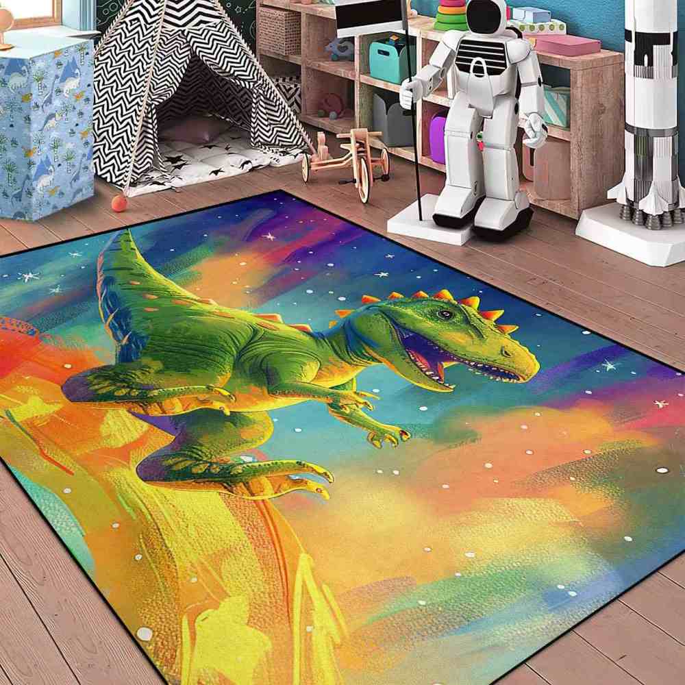 Space Galaxy Green Dinosaur Kids Bedroom Rug | CozyLil