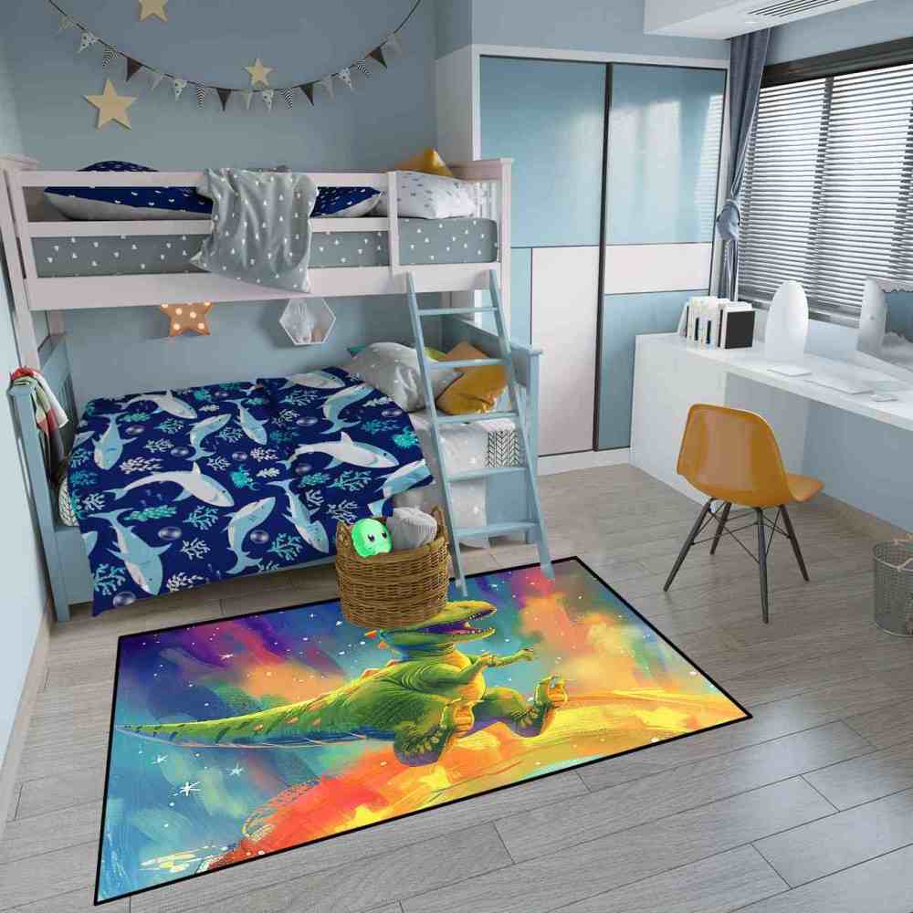 Space Galaxy Green Dinosaur Kids Bedroom Rug | CozyLil