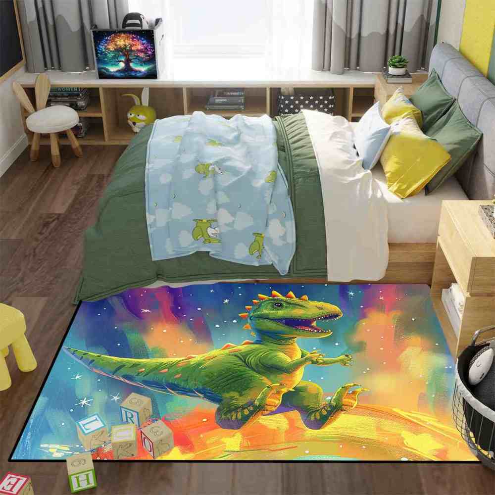 Space Galaxy Green Dinosaur Kids Bedroom Rug | CozyLil