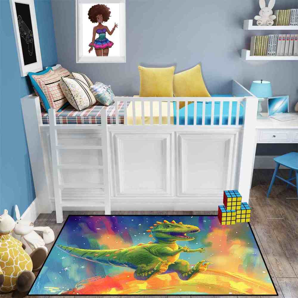 Space Galaxy Green Dinosaur Kids Bedroom Rug | CozyLil