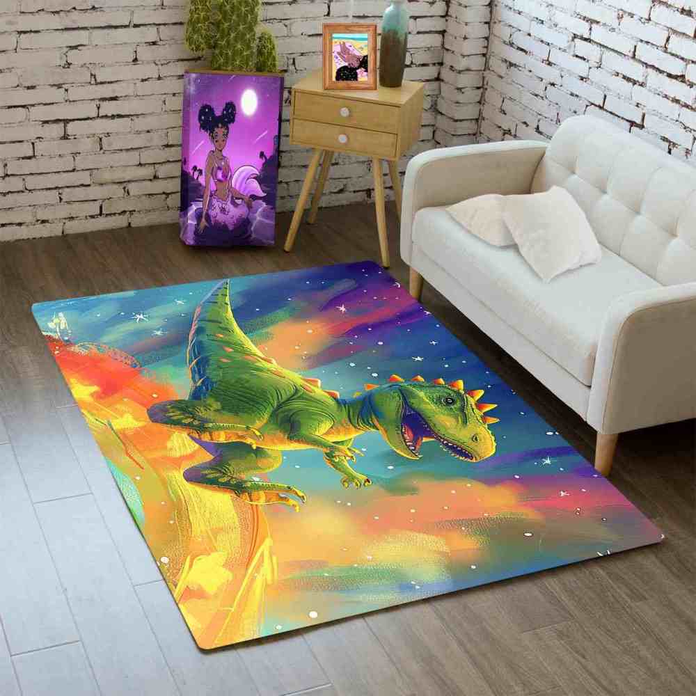 Space Galaxy Green Dinosaur Kids Bedroom Rug | CozyLil