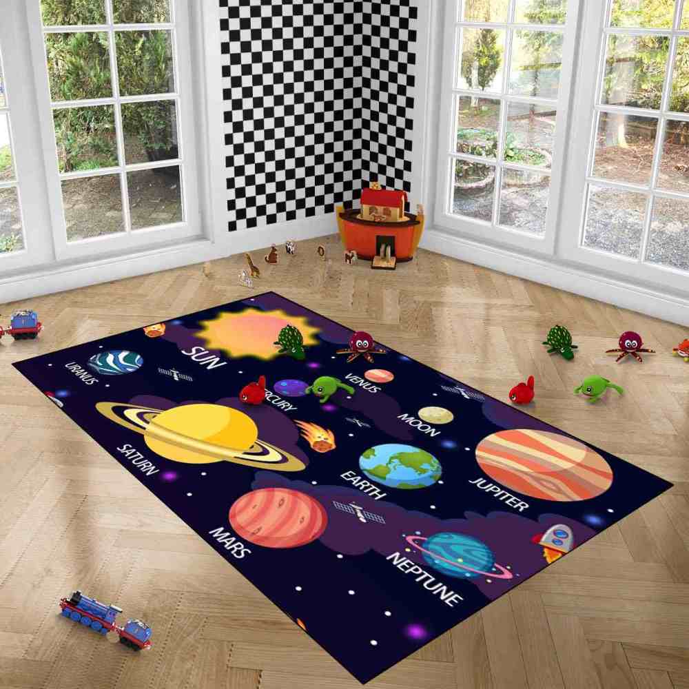 Purple Nebula & Labeled Planets Toddler Play Rug | CozyLil
