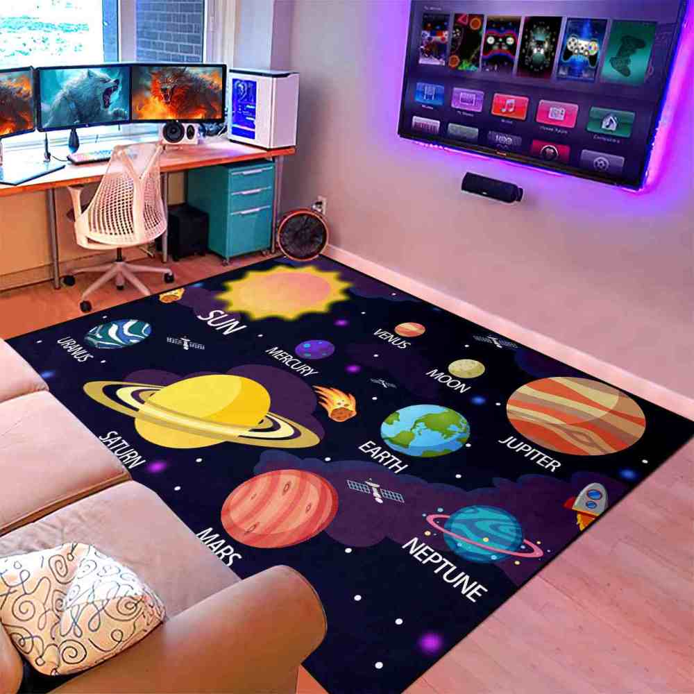 Purple Nebula & Labeled Planets Toddler Play Rug | CozyLil