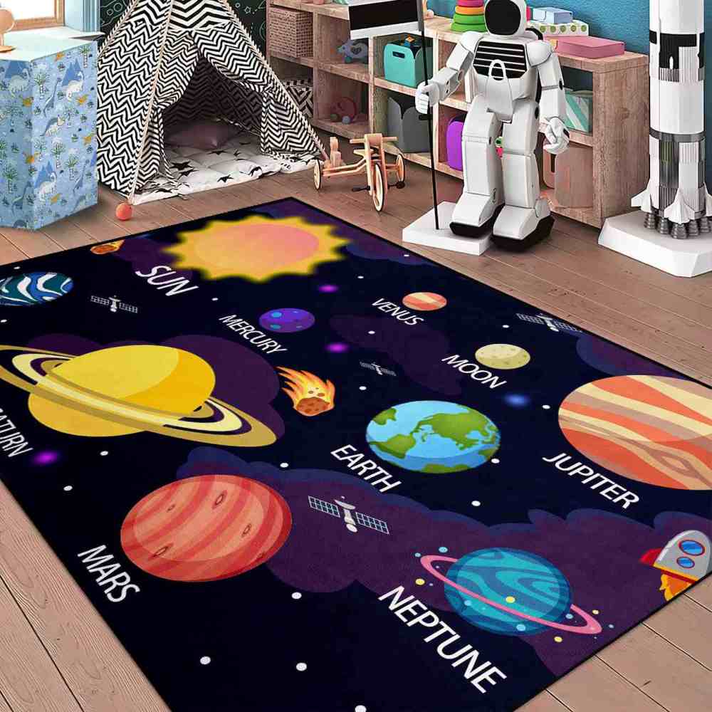 Purple Nebula & Labeled Planets Toddler Play Rug | CozyLil