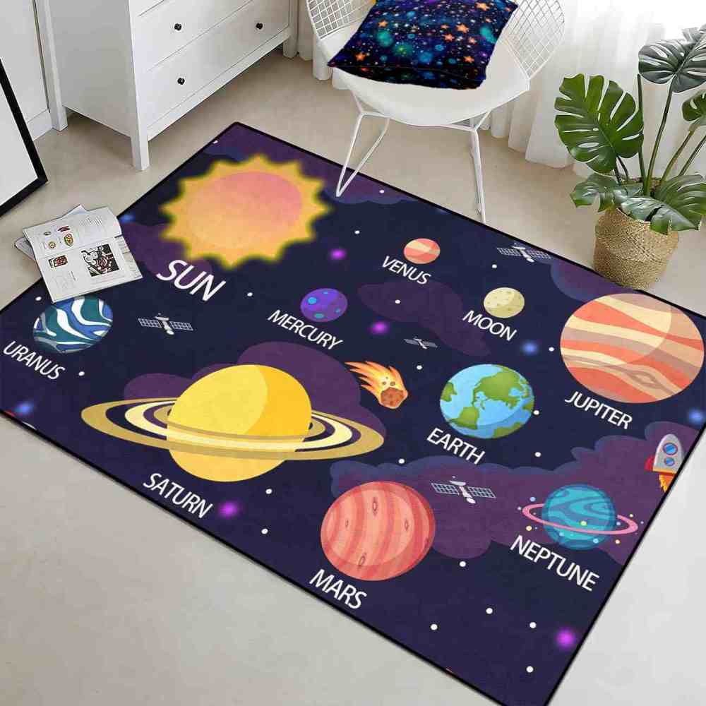 Purple Nebula & Labeled Planets Toddler Play Rug | CozyLil
