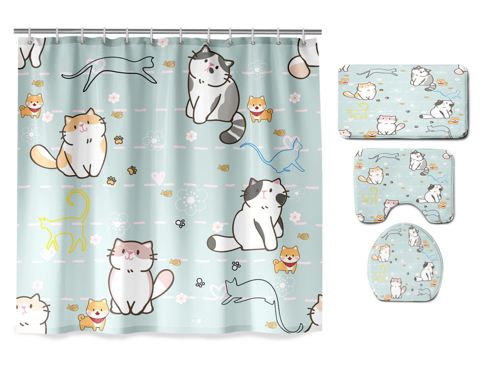 Cute Cartoon Cat & Puppy Pattern 4 Piece Bathroom Set by CozyLil