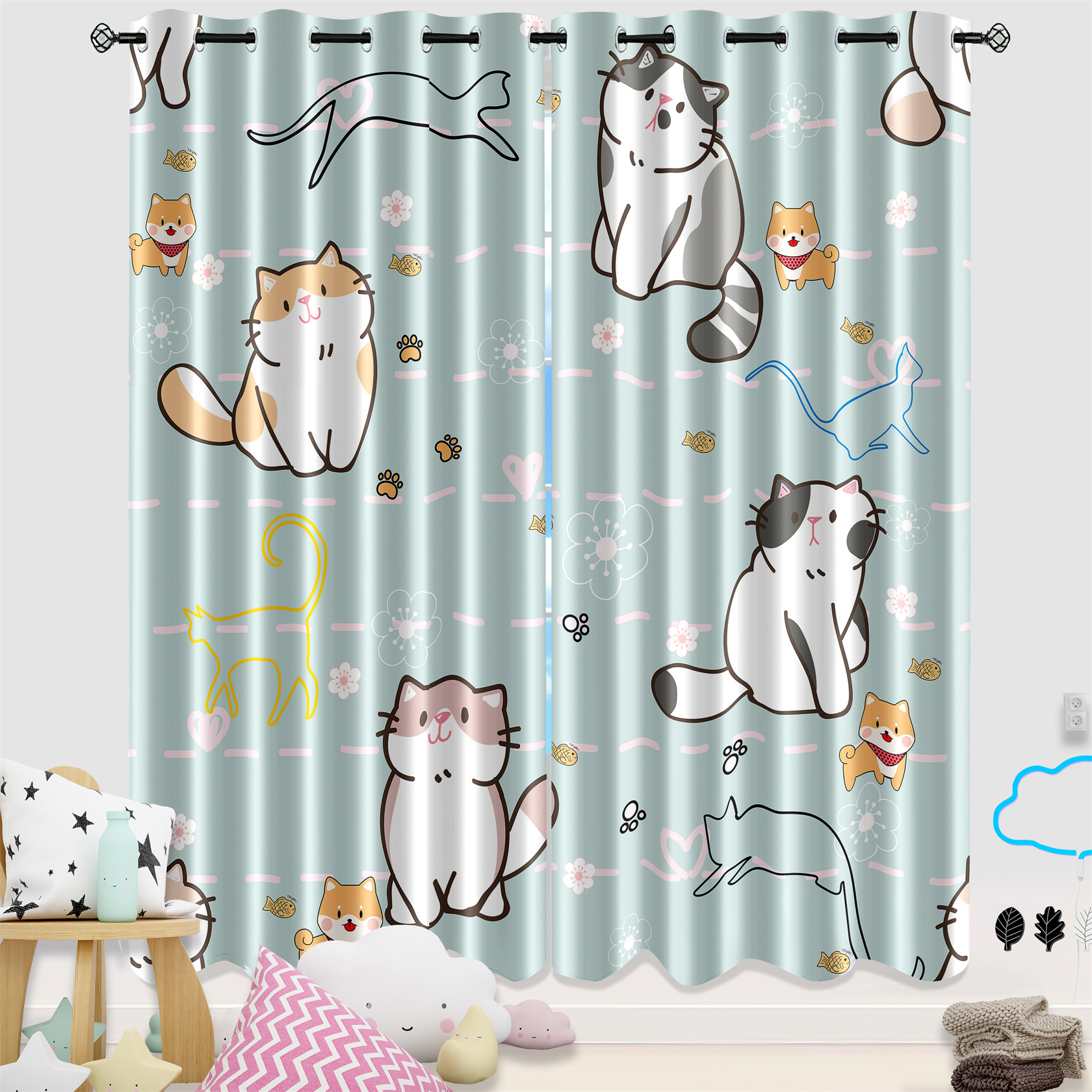 Cute Kawaii Cats & Puppies Nursery Curtains - CozyLil
