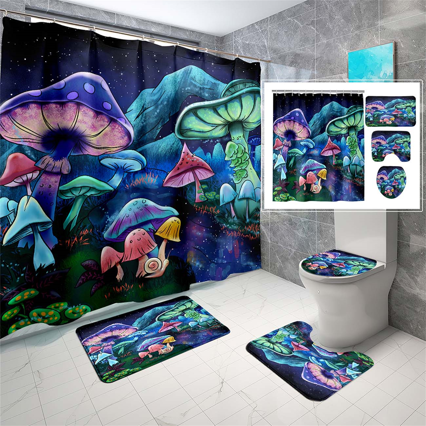 Magical Neon Mushroom Fantasy 4 Piece Bathroom Set by CozyLil