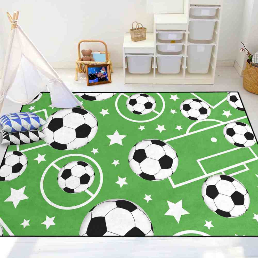 Green Soccer Field Star Pattern Area Rug Ultra Non-Slip Kids Playroom | CozyLil