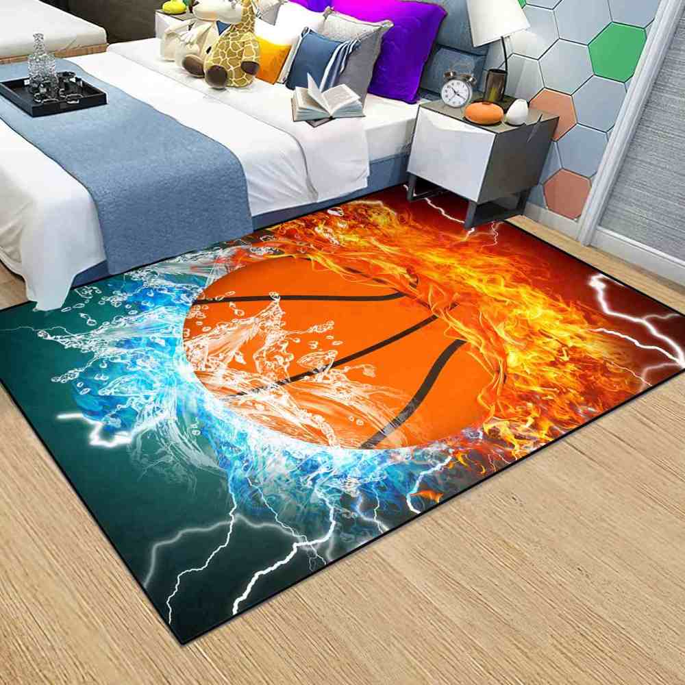 Fire and Water Basketball Printed Area Rug Ultra Non-Slip Boys Decor | CozyLil