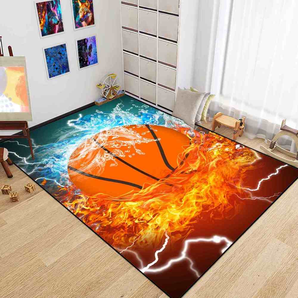 Fire and Water Basketball Printed Area Rug Ultra Non-Slip Boys Decor | CozyLil