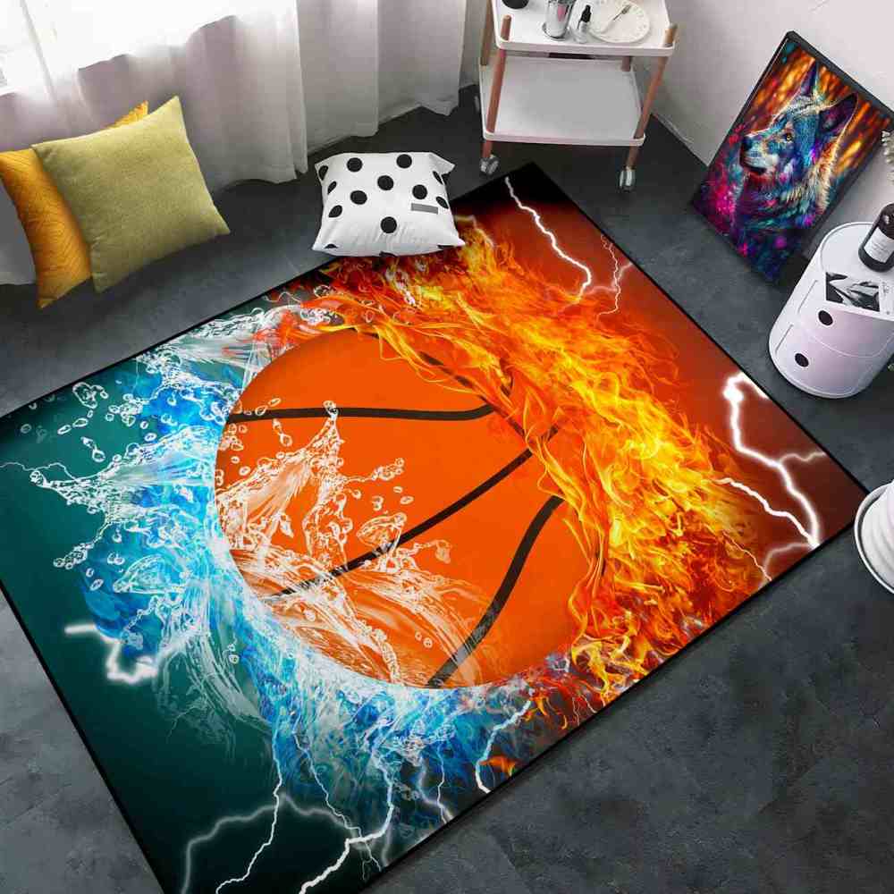 Fire and Water Basketball Printed Area Rug Ultra Non-Slip Boys Decor | CozyLil