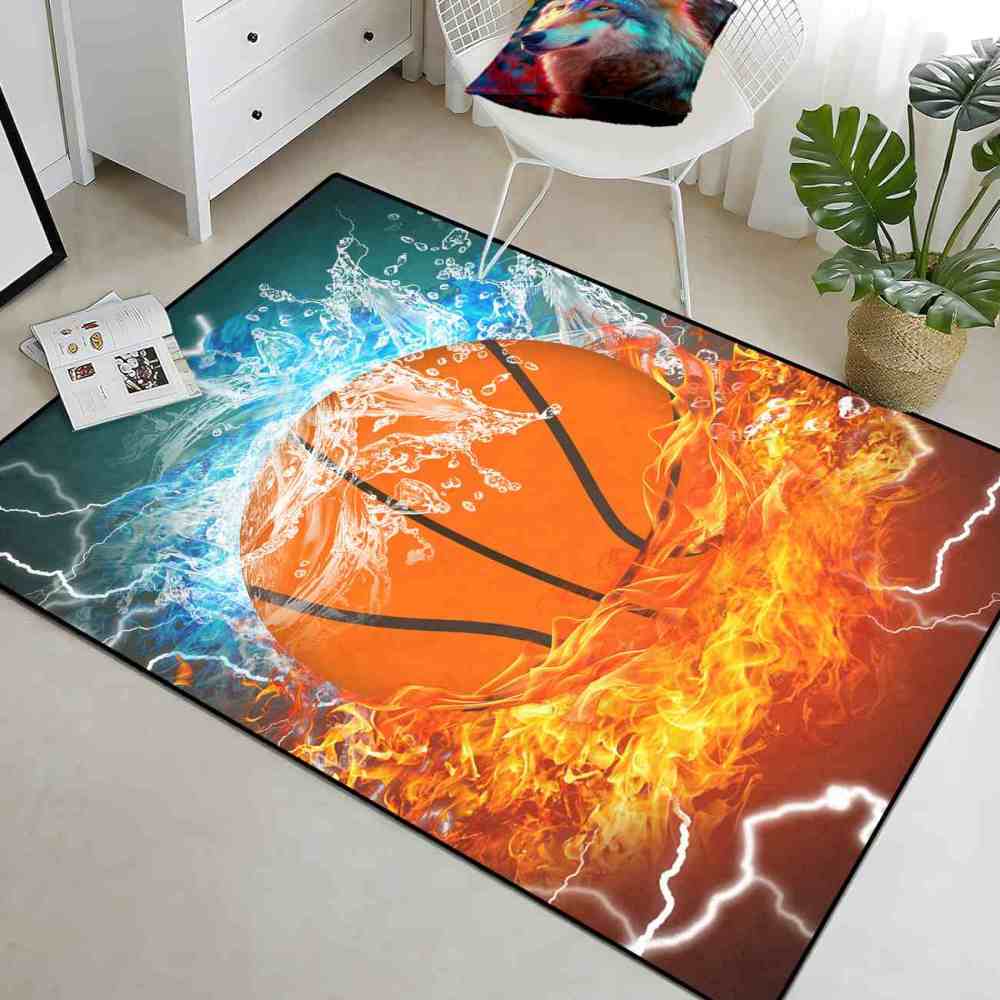 Fire and Water Basketball Printed Area Rug Ultra Non-Slip Boys Decor | CozyLil