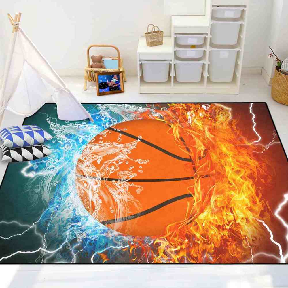 Fire and Water Basketball Printed Area Rug Ultra Non-Slip Boys Decor | CozyLil