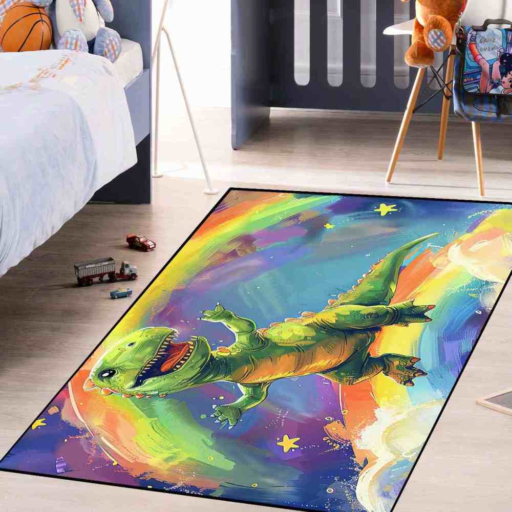 Colorful Rainbow Space Dinosaur Kids Playroom Rug | CozyLil