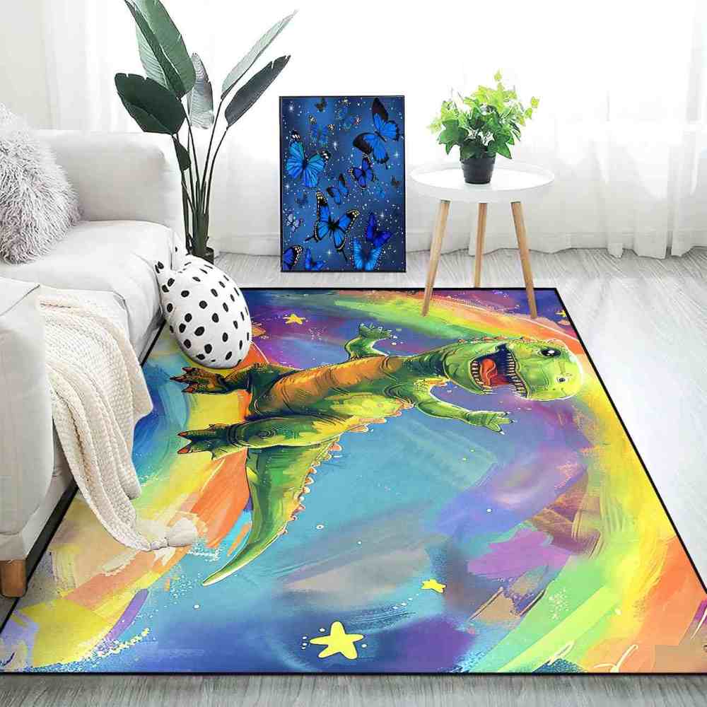 Colorful Rainbow Space Dinosaur Kids Playroom Rug | CozyLil