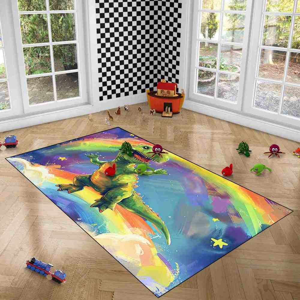 Colorful Rainbow Space Dinosaur Kids Playroom Rug | CozyLil