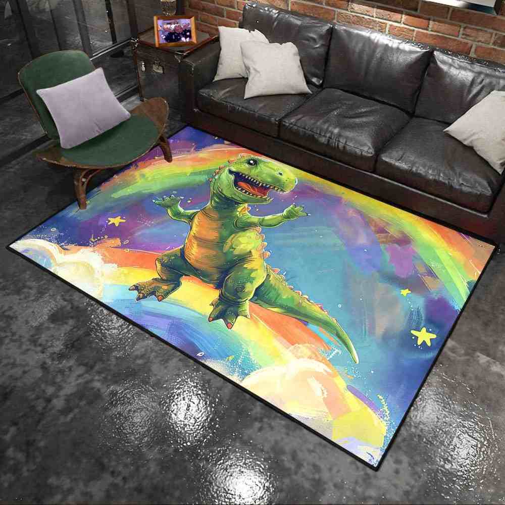 Colorful Rainbow Space Dinosaur Kids Playroom Rug | CozyLil