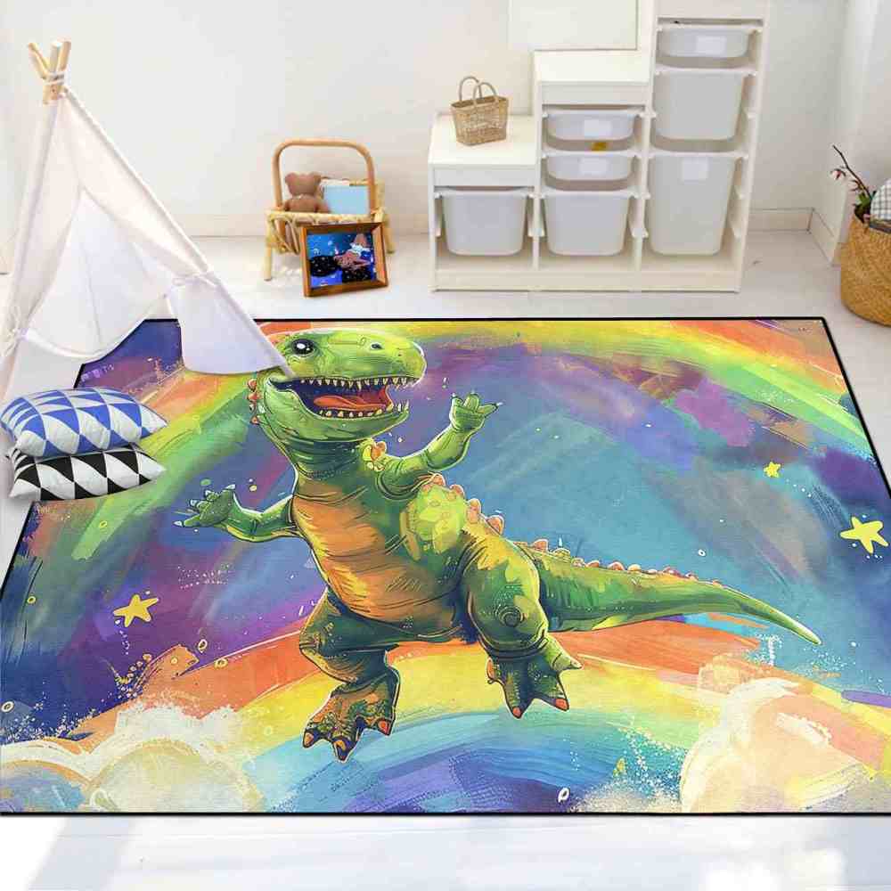 Colorful Rainbow Space Dinosaur Kids Playroom Rug | CozyLil