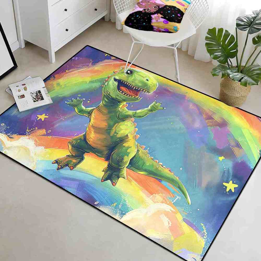 Colorful Rainbow Space Dinosaur Kids Playroom Rug | CozyLil