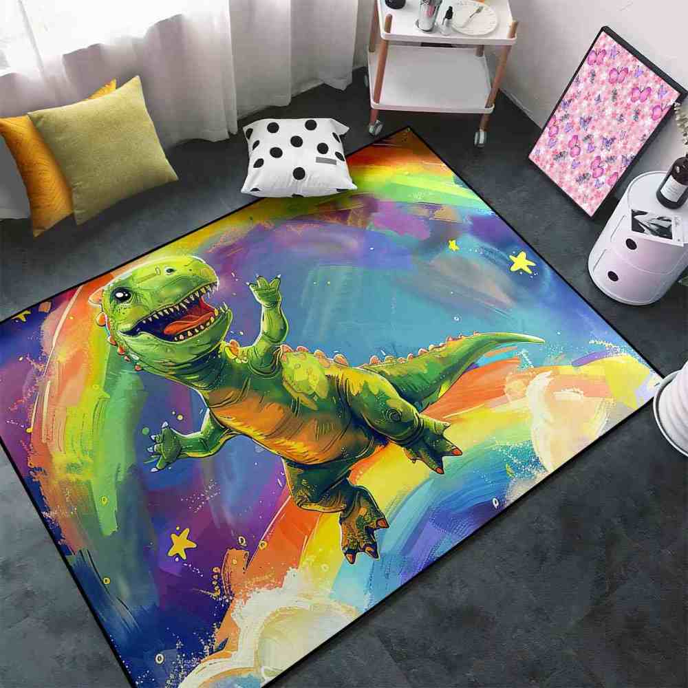 Colorful Rainbow Space Dinosaur Kids Playroom Rug | CozyLil