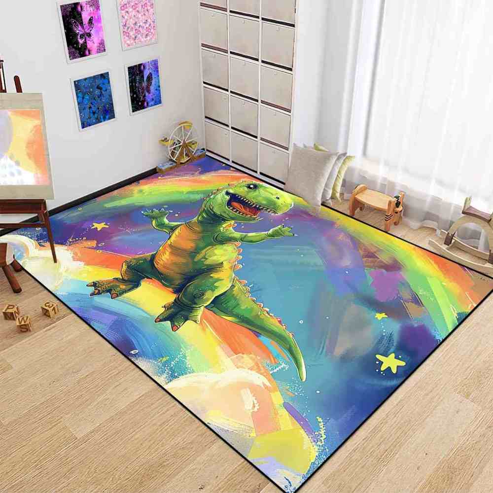 Colorful Rainbow Space Dinosaur Kids Playroom Rug | CozyLil