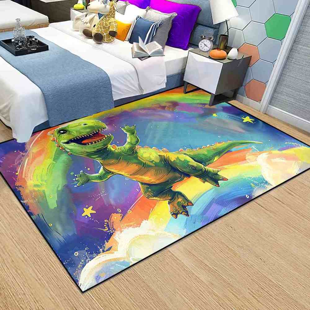 Colorful Rainbow Space Dinosaur Kids Playroom Rug | CozyLil