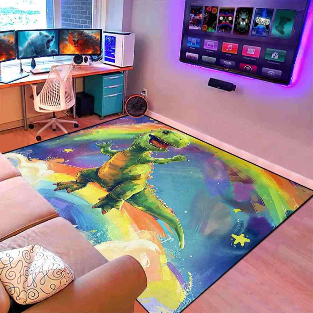 Colorful Rainbow Space Dinosaur Kids Playroom Rug | CozyLil