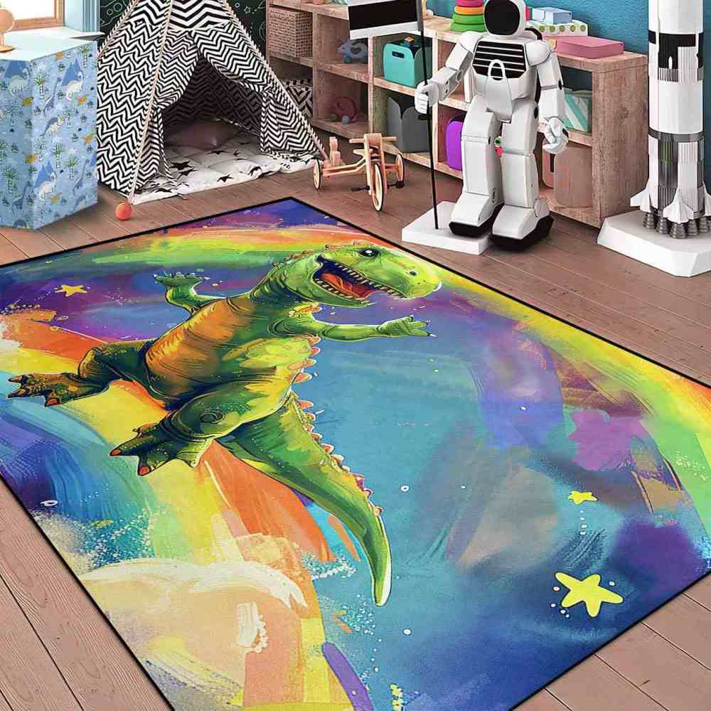 Colorful Rainbow Space Dinosaur Kids Playroom Rug | CozyLil