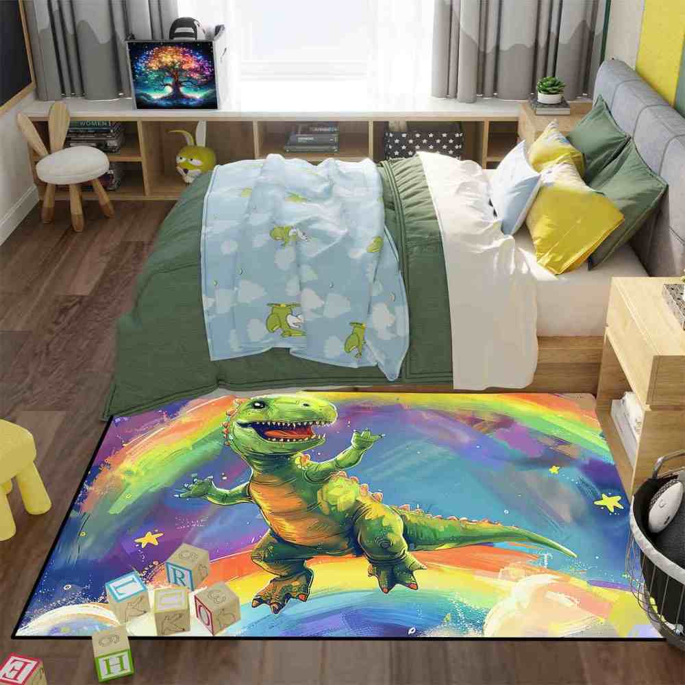 Colorful Rainbow Space Dinosaur Kids Playroom Rug | CozyLil