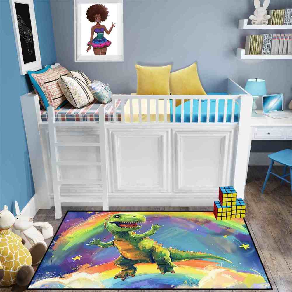 Colorful Rainbow Space Dinosaur Kids Playroom Rug | CozyLil