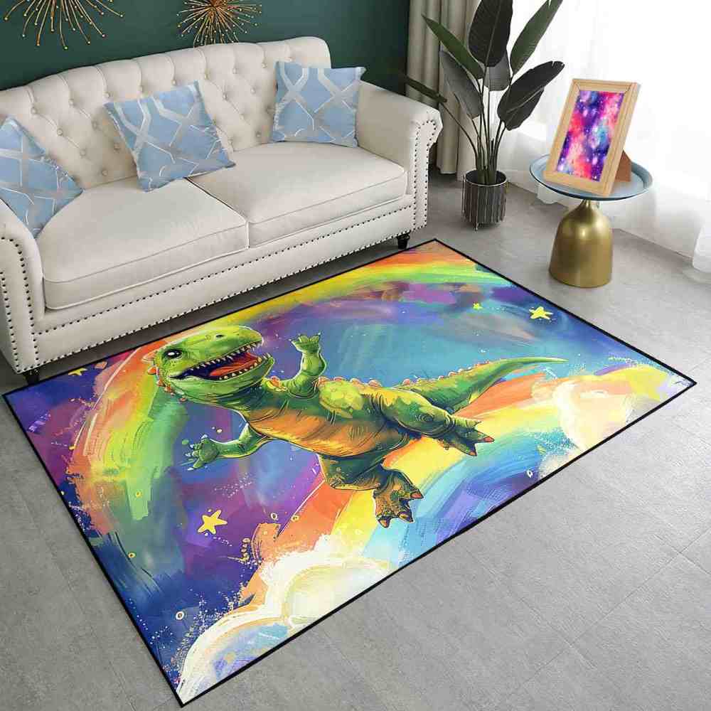 Colorful Rainbow Space Dinosaur Kids Playroom Rug | CozyLil