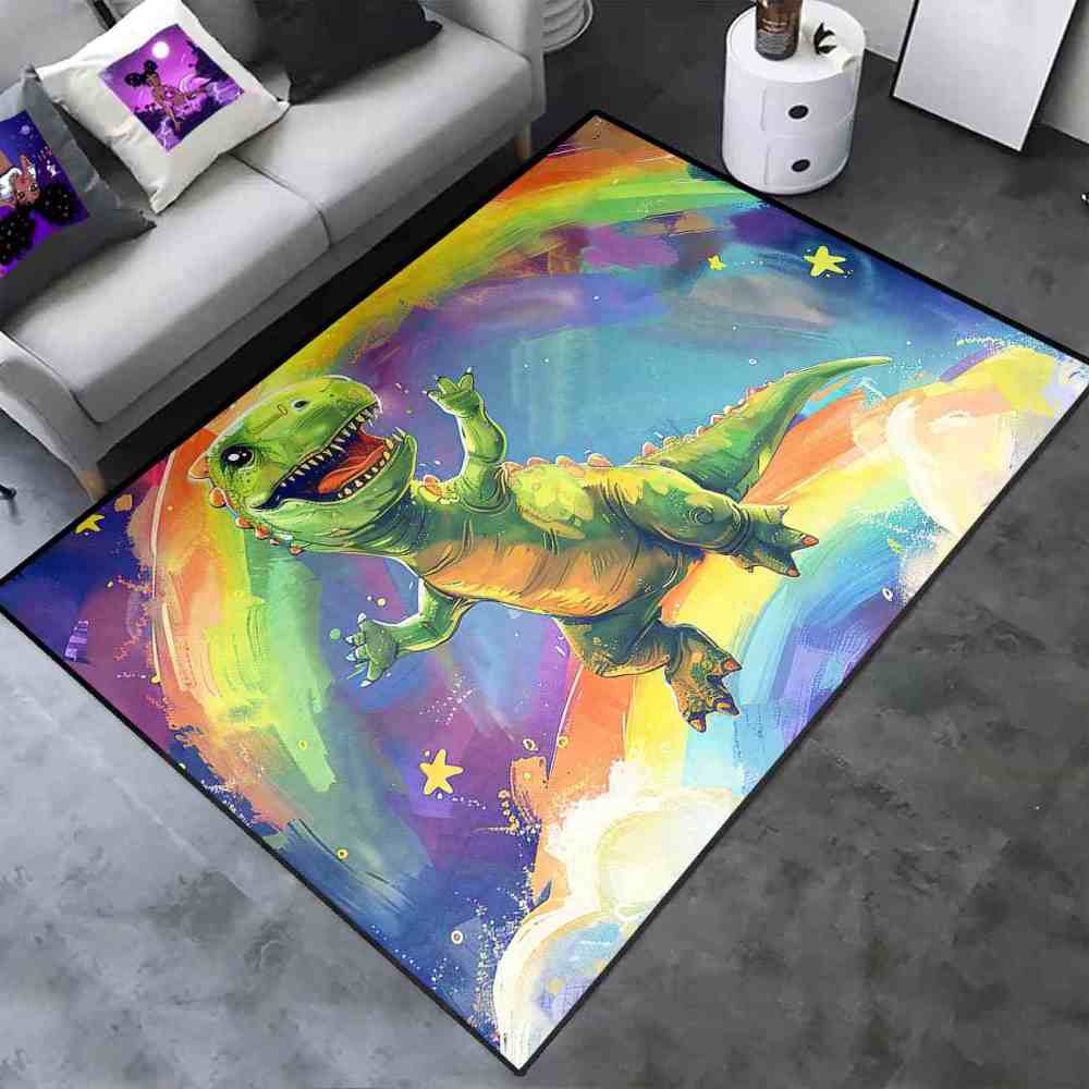 Colorful Rainbow Space Dinosaur Kids Playroom Rug | CozyLil
