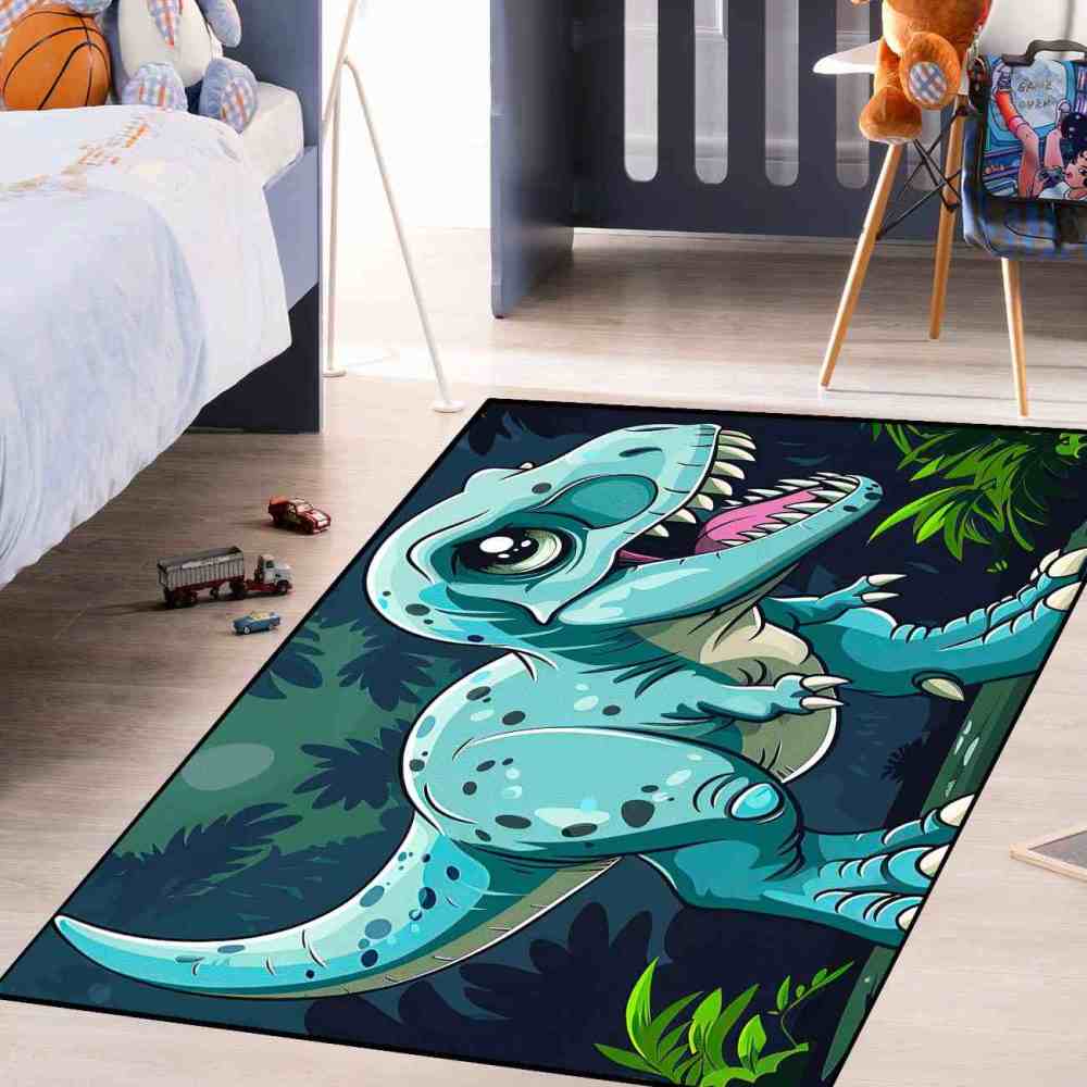 Tropical Jungle Blue Dinosaur Boys Playroom Rug | CozyLil