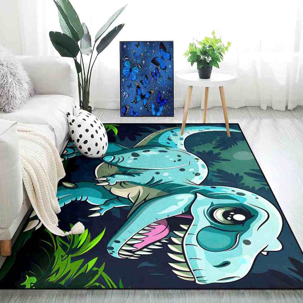 Tropical Jungle Blue Dinosaur Boys Playroom Rug | CozyLil