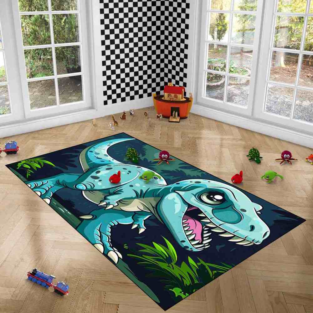 Tropical Jungle Blue Dinosaur Boys Playroom Rug | CozyLil