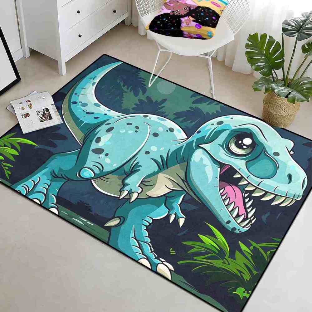 Tropical Jungle Blue Dinosaur Boys Playroom Rug | CozyLil