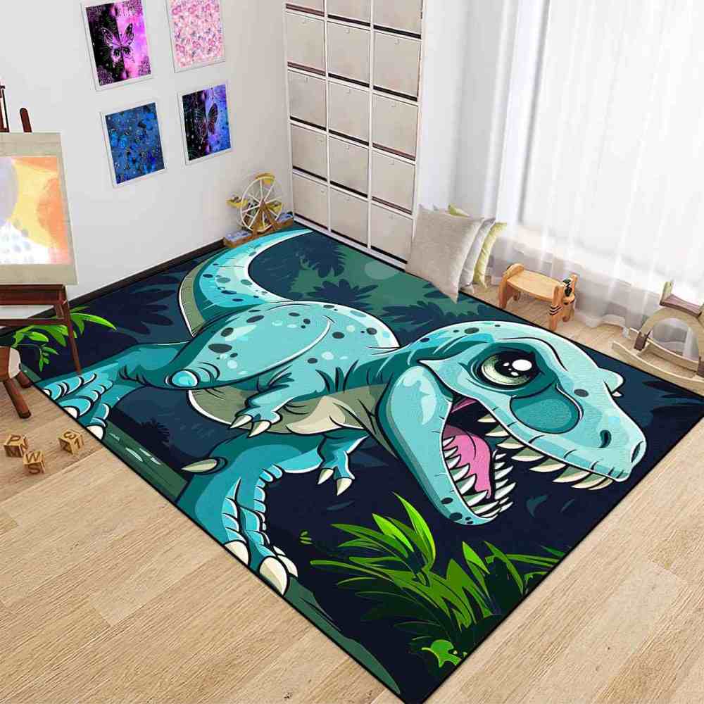 Tropical Jungle Blue Dinosaur Boys Playroom Rug | CozyLil