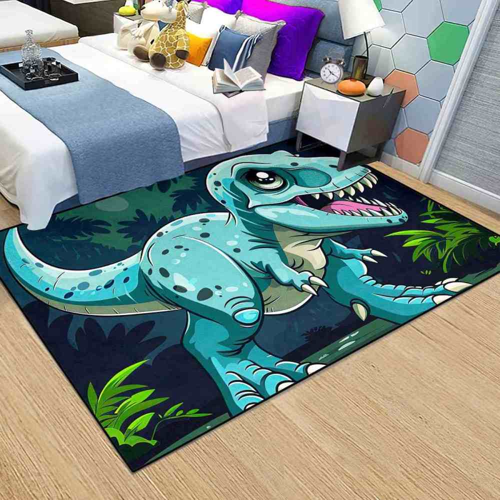 Tropical Jungle Blue Dinosaur Boys Playroom Rug | CozyLil